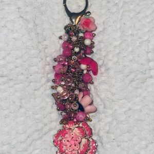 Floral Pink Beaded Keychain/fob for purse. Handmade! Gold accent floral